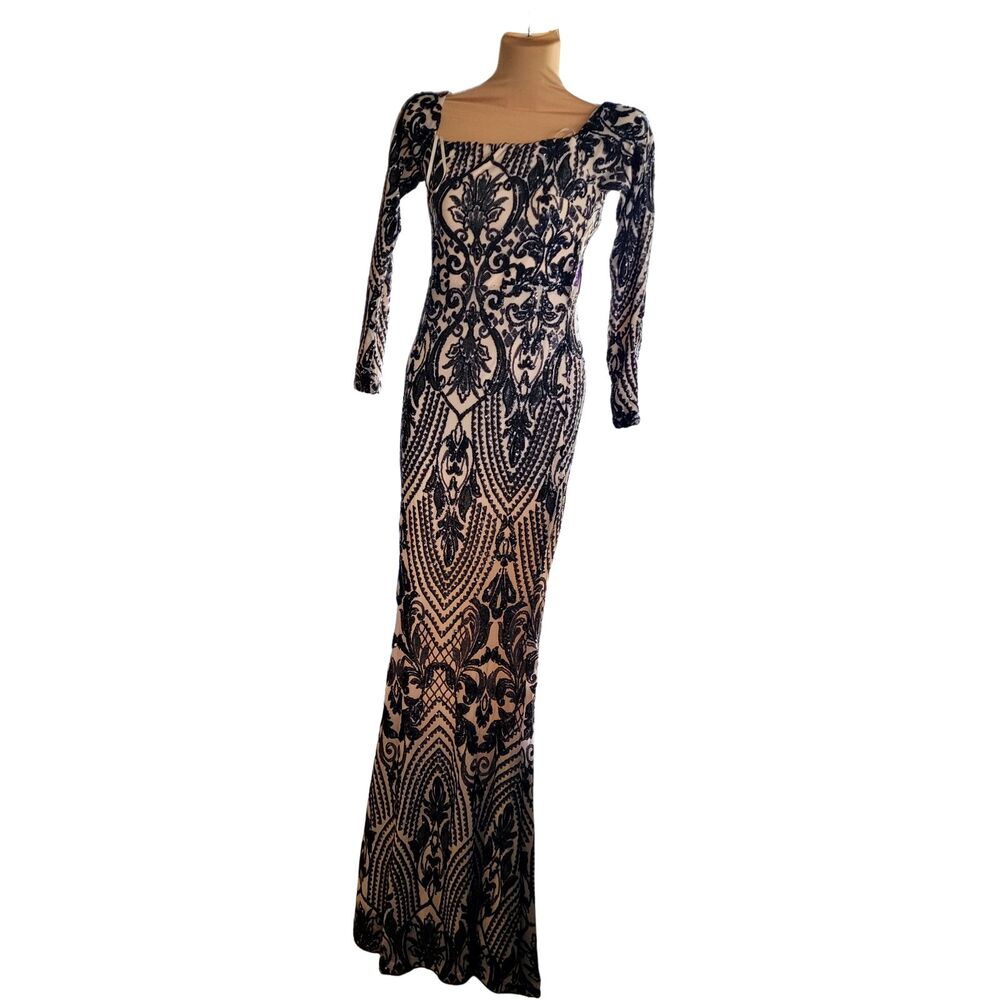 NWT Windsor Women's Black Sequin Nude Mermaid Dress. Size XS Fully Lined